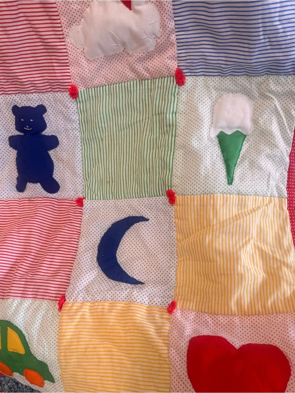 Children's Patchwork Appliqué Quilt - Red Trim, Multicolor Squares